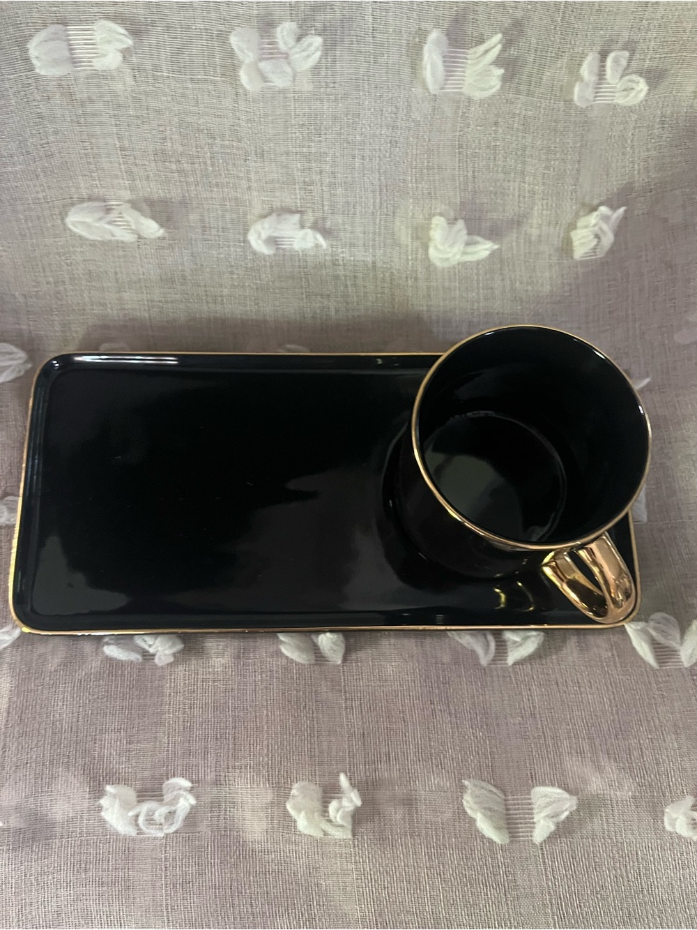 Black Ceramic Cup and matching Ceramic Tray Set with Gold Trim - Picture 2 of 4